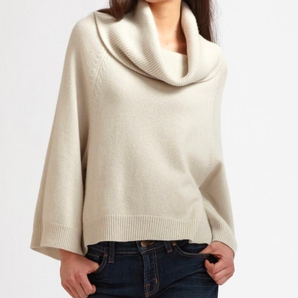 THEORY Jufina Cashmere Sweater Cowl Soft High Low Cream Sz S Quiet Luxury Cozy
